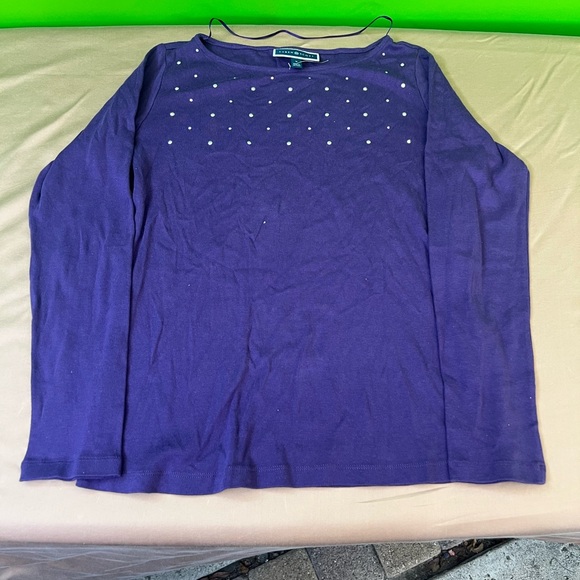 Karen Scott Purple Rhinestone Studded Long‎ Sleeve Cotton Top Size M - Picture 9 of 10